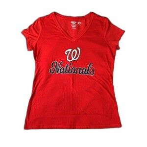 Women's Washington Nationals V-Neck T-shirt Medium Red
